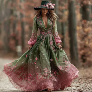 Womens V-Neck Creatively Printed Mid-Length Fairy-Like Dress