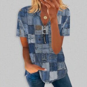 Diamond-check Print Zip-up Shirt With A Crew Neck And Short Sleeves