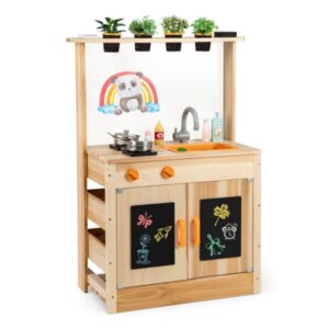 Kids Outdoor Mud Kitchen Playset, Realistic Stoves&Sink With Utensils & Chalkboard For Creative Play