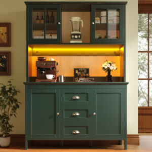 Sideboard, Storage Cabinet, Kitchen Cabinet, Tall Sideboard With LED Lighting, 120x40x179 Cm, 4 Doors & 3 Drawers, Black Green