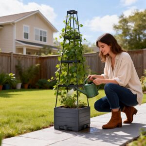 2Pack Raised Garden Bed Boxes With Trellis 56in Tomato Self-Watering Planter Box Indoor Outdoor With 4 Adjustable Heights 10 Clips 65FT Ties For Climbing Vegetables Flowers Vines