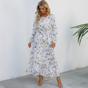 Womens Versatile Round-neck Floral Chiffon Dress