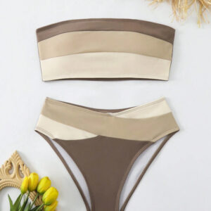 Fashionable Sexy Off-shoulder Color-block Two-piece Bikini