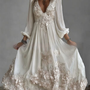 Womens Retro Bohemian Rose-Embroidered Loose Linen Maxi Dress
