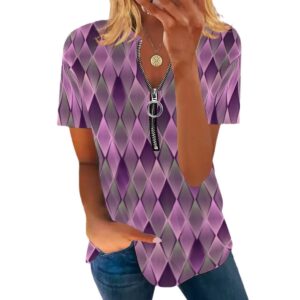 Diamond-check Print Zip-up Shirt With A Crew Neck And Short Sleeves