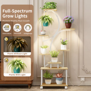 Plant Stand Indoor With Grow Lights – 62 Tall Plant Shelf, Lighted Corner Plant Stands For Indoor Growing, 8 Tiered Large Flower Holder, S-Shaped Decorative Rack For Living Room NATURAL COLOR