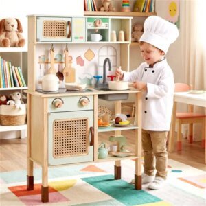 Green Wooden Children's Play Kitchen, Interactive Light&sound Stove, With Microwave&oven&blackboard Storage Options