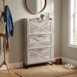 Barn Door Three-drawer Cabinet With Top Panel, Shoe Cabinet, Particleboard, 80x24x145cm, Washed Gray Finish