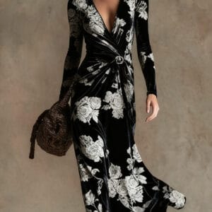 3D Geometric Line Pattern V-Neck Long-Sleeve Womens Dress