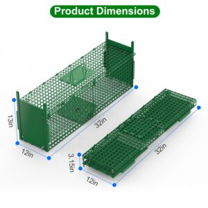 32in 2 Door Live Animal Cage Trap With Glove Green For Animals Under 12LBS Easy To Setup Humane Galvanized Iron Trap Cage For Rabbits Groundhogs Skunk Opossums Nutria Stray Cats