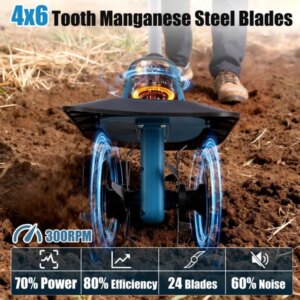 800W 21V Cordless Tiller Cultivator 3.0Ah Battery Powered Tiller With 8.66" Width 6.69" Depth Manganese Steel Tines For Soil Cultivation Weeding Gardening