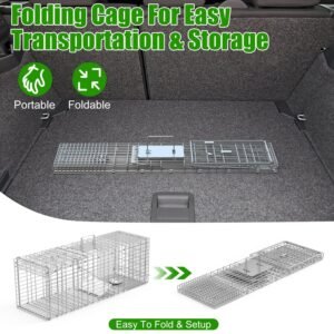 1Pc Humane Cat Trap Cage With Gloves Catch Release Live Animal Rodent Cage Collapsible Galvanized Wire For Raccoons Beavers Groundhogs Foxes Armadillos