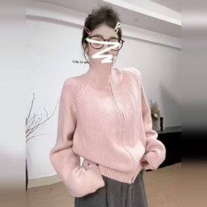 Loose-fitting Simple Stand-collar Laid-back Knit Cardigan Top