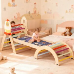 7-In-1 Foldable Baby Climbing Wooden Toys Triangle Set With Arch Triangle Pinball Game And Seesaw Wooden Montessori Climbing Set