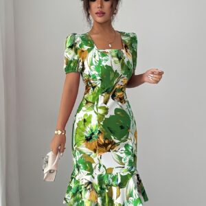 Womens Retro Square-Neck Puff-Sleeve Waist-Cinching Ruffle-Trim Dress