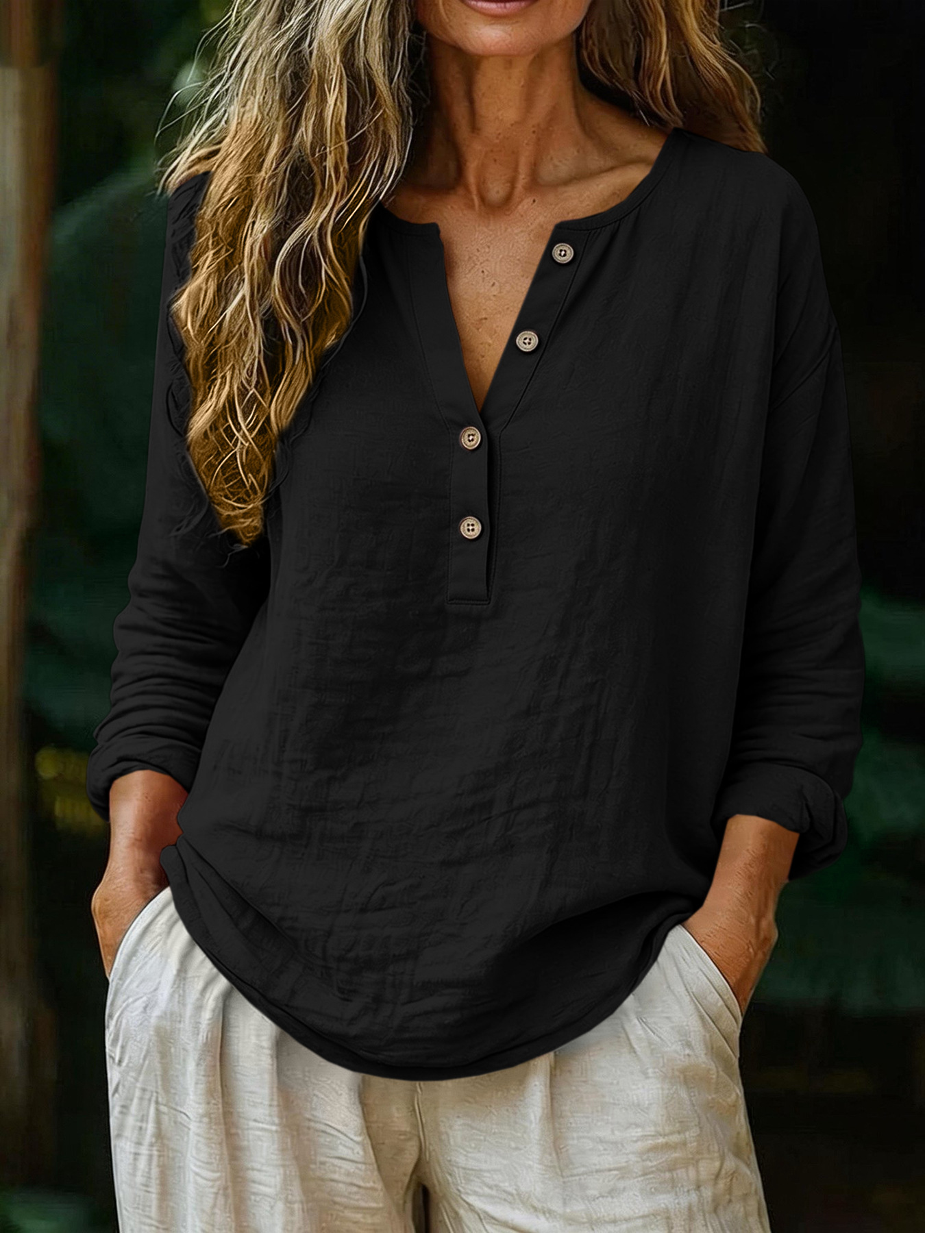 Casual Solid Color Cotton-Linen Long-Sleeve Half-Placket V-Neck - Image 10