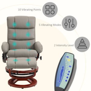 Massage Recliner Chair with Ottoman, Swivel Recliner and Footrest, Faux Leather Reclining Chair with Remote Control, 10 Vibration Point and Side Pocket, Gray