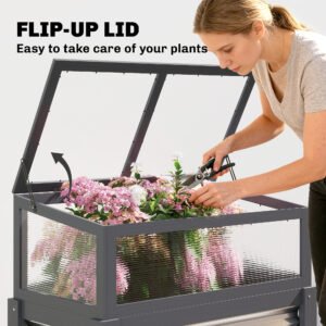 Raised Garden Bed with Flip-Up Mini Greenhouse, Elevated Planter Box with Legs and Bed Liner for Flowers, Vegetables
