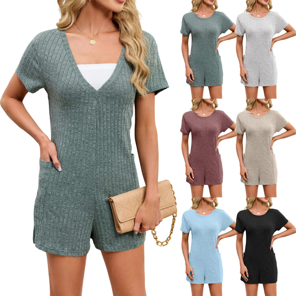 V-neck Loose-fit Pocketed Short-sleeve Jumpsuit Beach Pants Womens