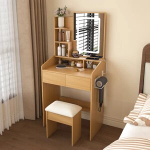 Vanity Table With LED-Illuminated Mirror, Power Outlet, Hairdryer Holder & Stool - Compact Dressing Desk For Small Bedrooms-Wood