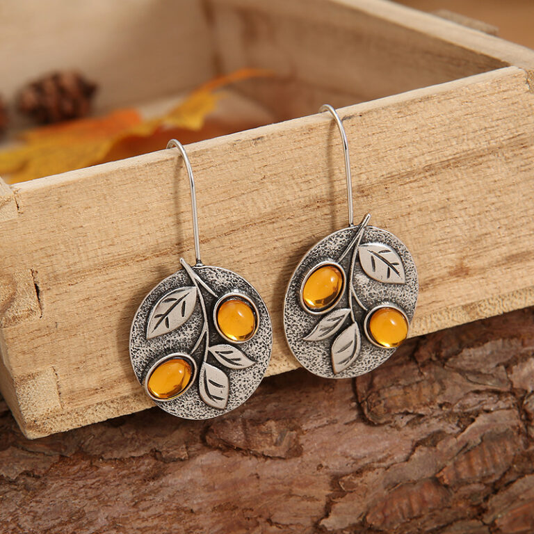 Women's Retro Floral Orange Gemstone Earrings