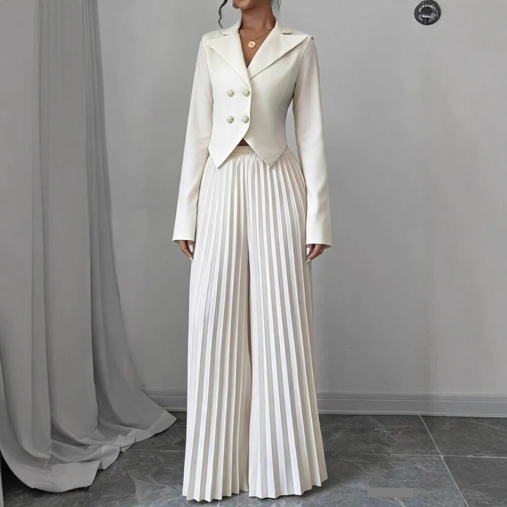 Fashionable Pleated Culotte Two-Piece Pants Set For Women