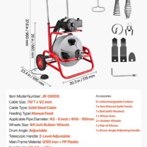 Drain Cleaner Machine 75 FT X 1/2 Inch, Sewer Snake Auger On Wheels, Manual Feed Drain Cleaning Machine With Adjustable Drum Angle, 6 Cutters & Air-activated Foot Switch For 2″ To 6″ Pipes