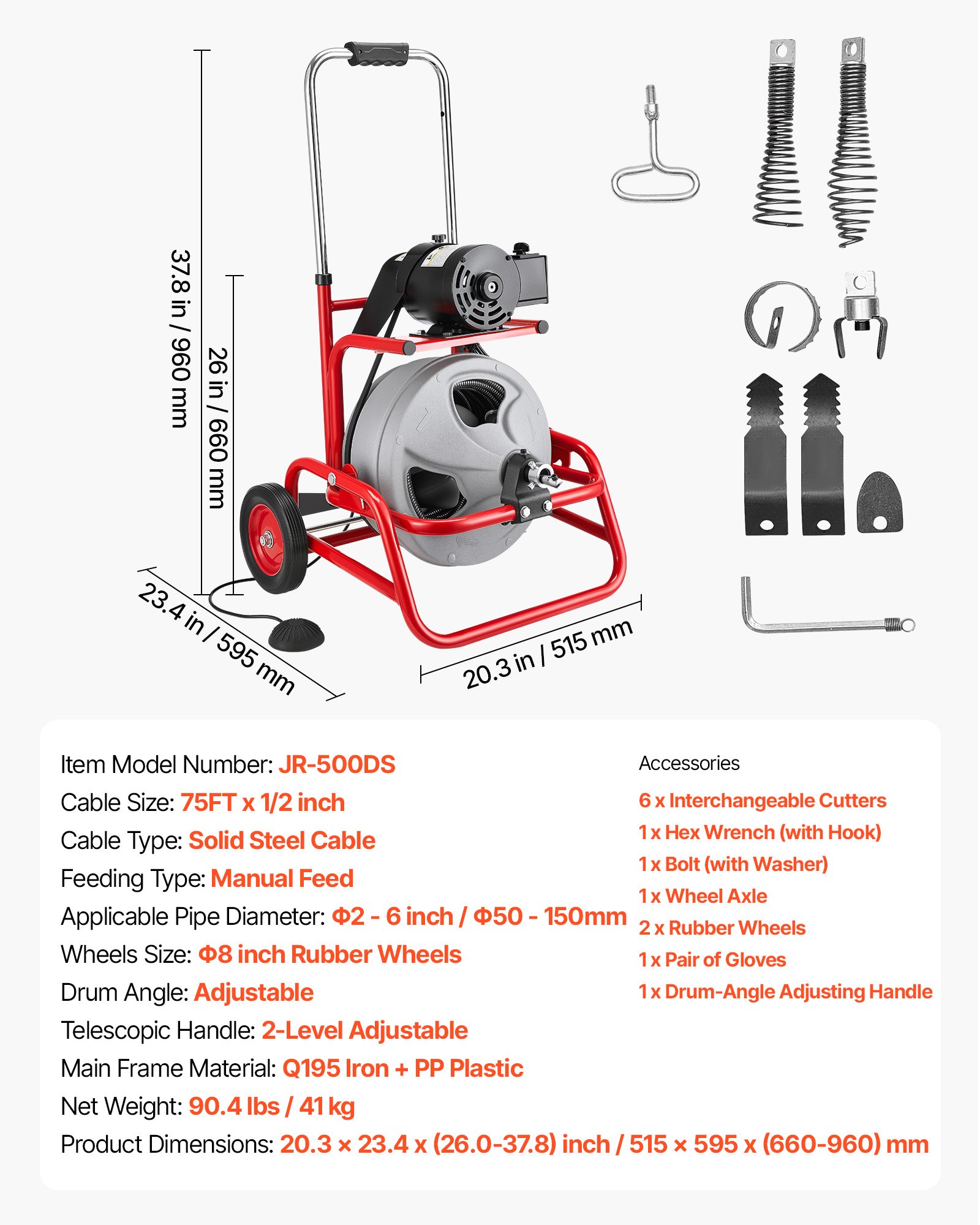 Drain Cleaner Machine 75 FT X 1/2 Inch, Sewer Snake Auger On Wheels, Manual Feed Drain Cleaning Machine With Adjustable Drum Angle, 6 Cutters & Air-activated Foot Switch For 2″ To 6″ Pipes