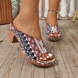 Women's Casual Floral Block-Heel Peep-Toe Slide Sandals