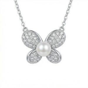 925 Sterling Silver Elegant Butterfly Pearl and Diamond Pavé Sterling Silver Necklace