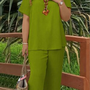 Solid-color V-neck Short-sleeve Top And Wide-leg Pants