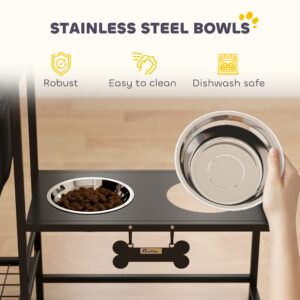 3 Height Adjustable Dog Bowl Stand with 2 Feeding Stations, Toy Bin Basket, Black