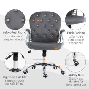 Button Tufted Desk Chair, Home Office Chair with Padded Armrests, Adjustable Height and Swivel Wheels, Dark Gray
