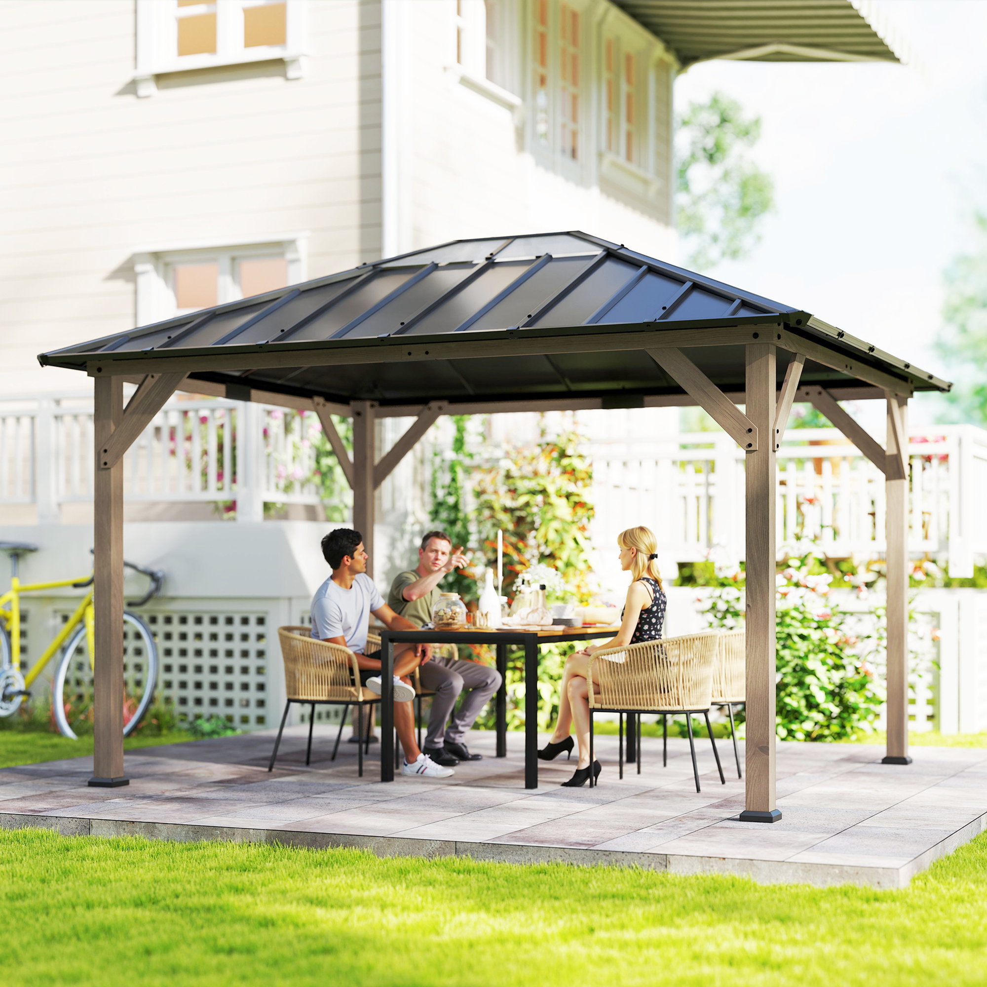 10′ x 12′ Hardtop Gazebo with Galvanized Steel Roof, UPF50+ Wood Permanent Pavilion with Clear Roof Top, Light Walnut