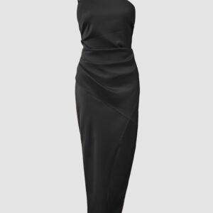 European And American-style Solid-color One-shoulder Pleated Slit Dress