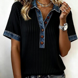 Women's Lapel Collar Short-Sleeve Top European And American Style Fashionable Denim