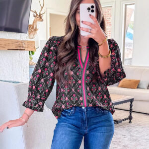 European And American-style Fashion Contrast-color Floral-print Chiffon Blouse
