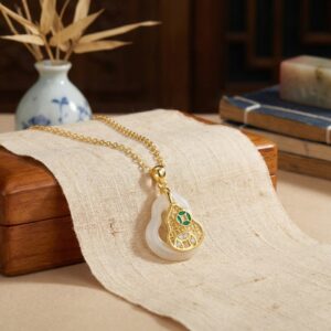 925 Sterling Silver Elegant Hulu Pendant Necklace Featuring White Jade and Intricate Filigree Artistry