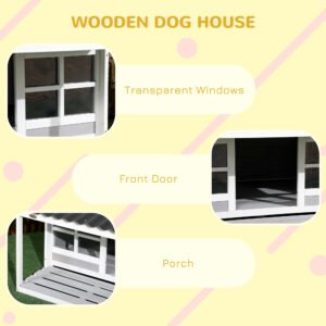 Wooden Dog House with Porch, Dog House Outdoor with Tilt Roof, Front Door, Windows for Medium Large Sized Dog