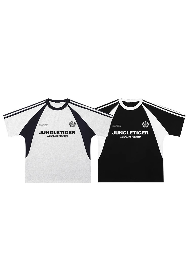 Sporty Contrast-color Loose Crewneck Letter-patchwork Short-sleeve T-shirt
