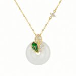 925 Sterling Silver Elegant Hetian White Jade Disc Necklace with Green Enamel Leaf and Sparkling Accents