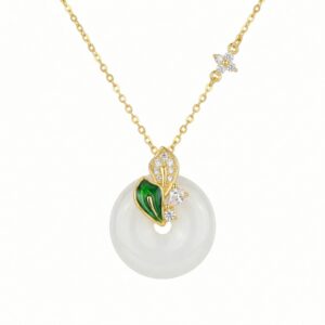 925 Sterling Silver Elegant Hetian White Jade Disc Necklace with Green Enamel Leaf and Sparkling Accents