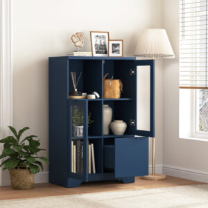MDF Painted Cabinet With Glass Doors And Drawer, Open Storage Space, Navy Blue ,Bedroom, Living Room
