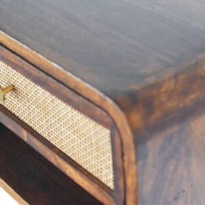 Solid Wood Chestnut Wall Mounted Open Woven Bedside, 1 Drawer, 1 Shelf, Dark Brown