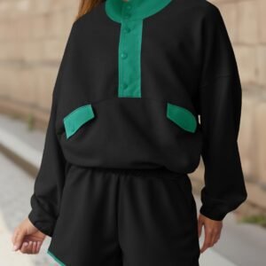 Fisoew Womens 2 Piece Sets Sweatsuits Casual Half Button Color Block Sweatshirts Running Shorts Tracksuits Fall Outfits