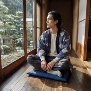 Men's Haori Style Autumn Winter Quilted Jacket Japanese Kimono Coat, Striped Loungewear, Indoor Wear. Lightweight Thermal Japanese Style Cotton Coat