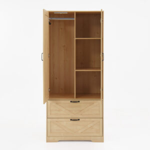 2 Door Wood Wardrobe For Bedroom With Hanging Clothing Rod Inside The Cabinet And 2 Drawers For Storage Organization, Built-in Induction Light Multifunctional Closet With Mirror, Natural