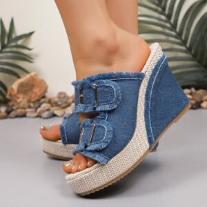 Plus Size Women’s New Denim Slip-On Mule Sandals, Block Heel With Buckle Design, Summer Outdoor Casual Slippers
