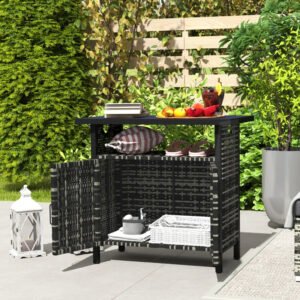 Outdoor Pool Towel Storage Cabinet Organizer, Outdoor Bar Table With Shelf And Cabinet, Pool Towel Holder Pool Valet With Weather-Resistant PE Rattan And Steel Frame, Mixed-Gray
