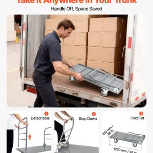 Platform Truck, 2650 Lbs Capacity, Heavy Duty Flatbed Cart Dolly With Detachable Guardrail And Swivel Wheels, Foldable Hand Push Truck Cart, For Groceries, Garage, Warehouse, 48 X 24 X 36.2 In